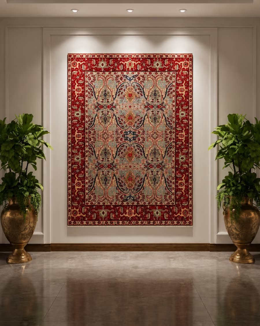 Close-up texture of a hand-knotted wool rug